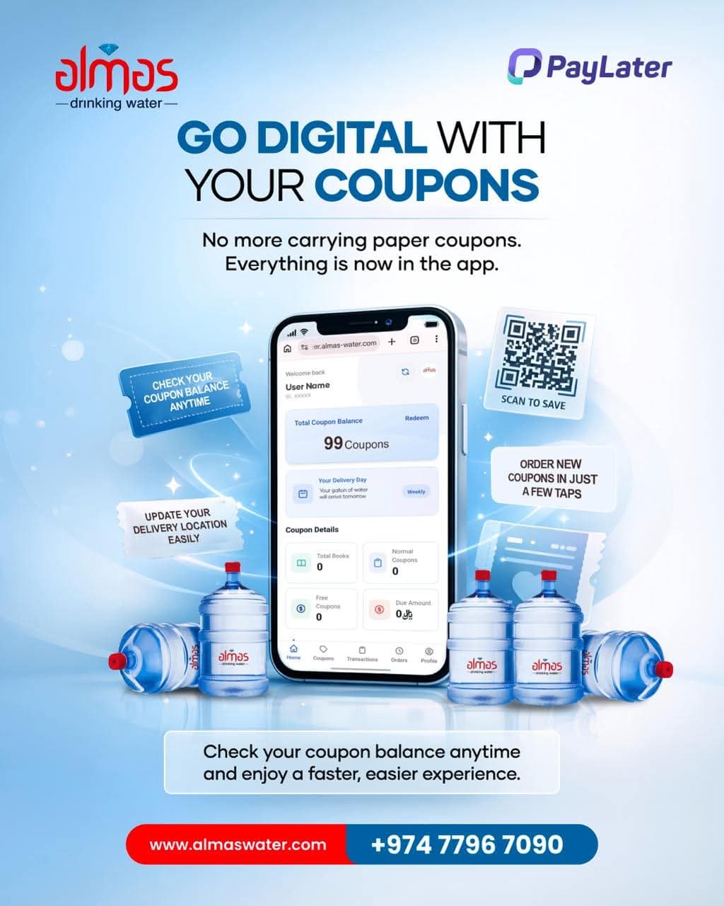 Almas Go Digital customer app with digital water coupons and reusable Almas bottles