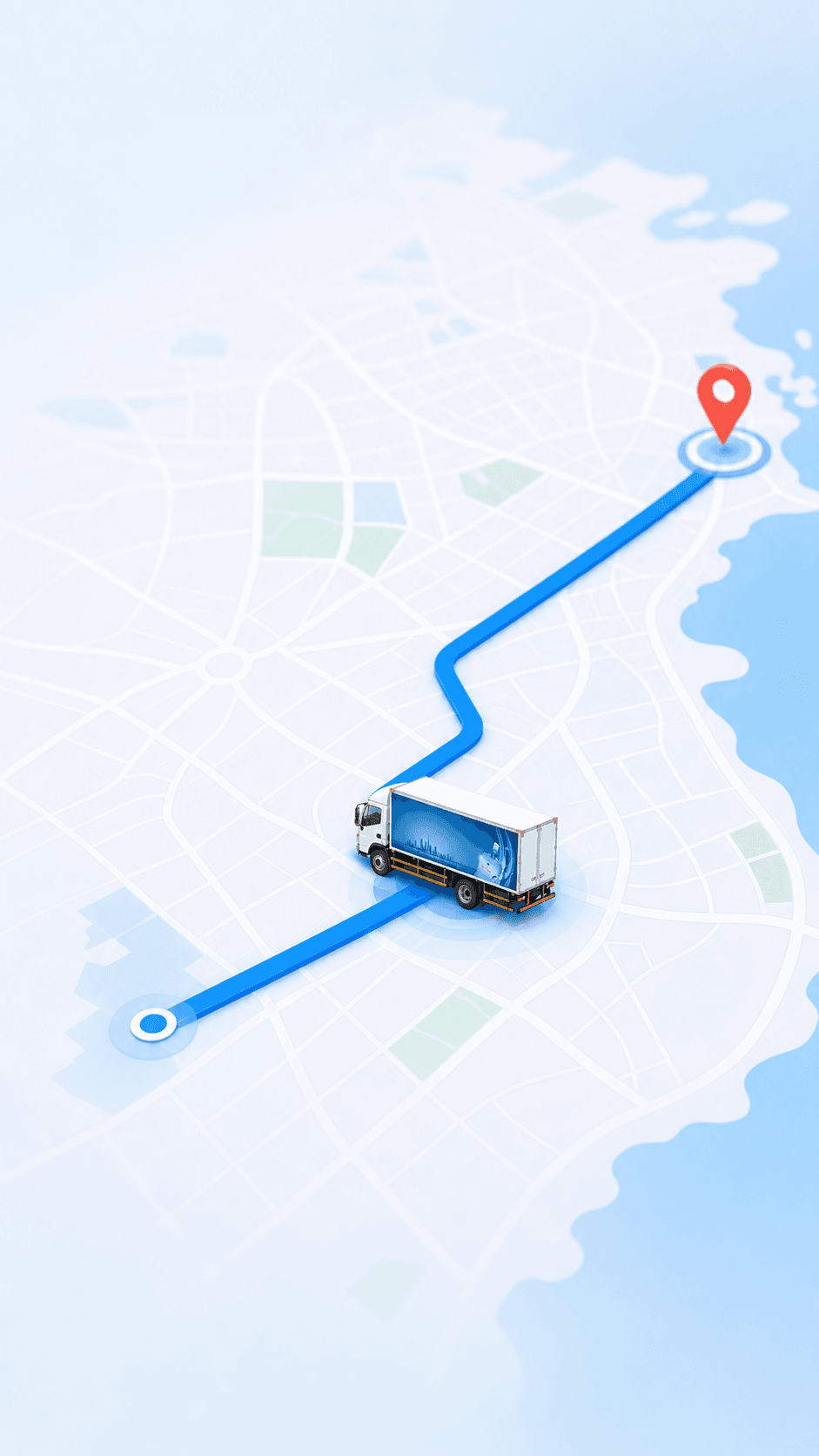 Almas Customer mobile delivery-tracking screen with a branded truck travelling along a route