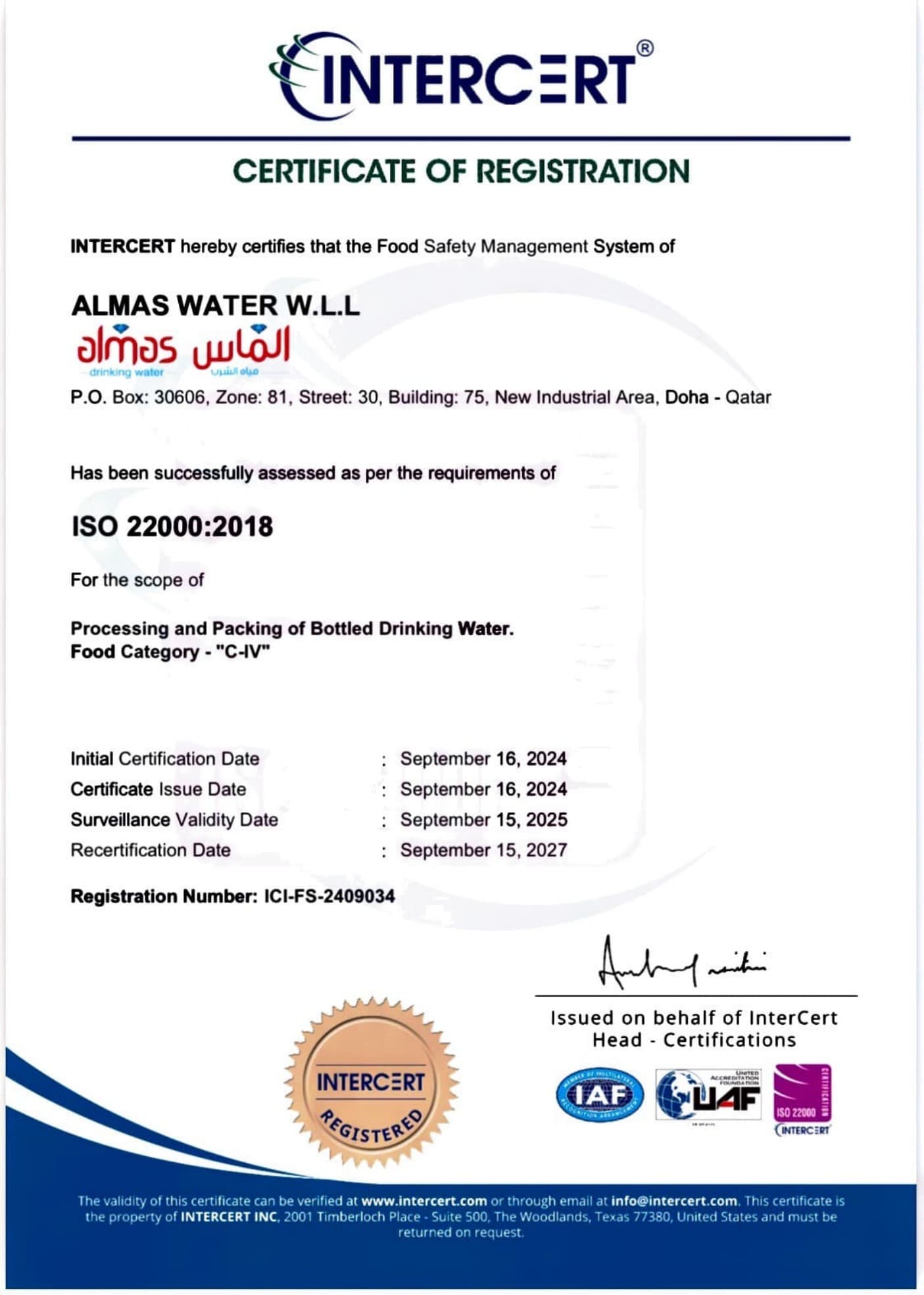 Actual supplied copy of the Almas Water ISO 22000:2018 certificate record issued by InterCert
