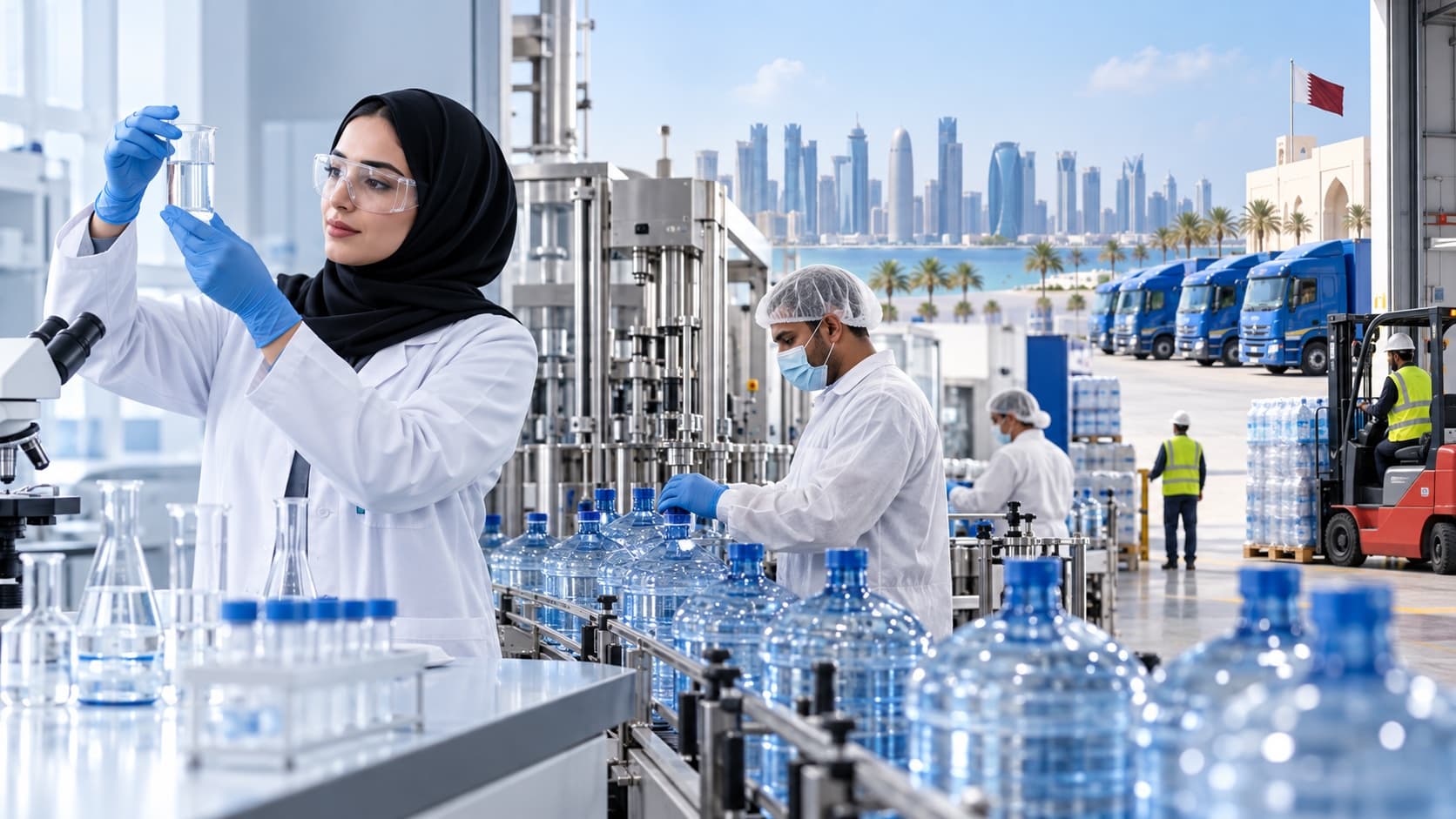مشهد توضيحي لعمليات جودة المياه والتعبئة النظيفة والتوصيل في قطر
