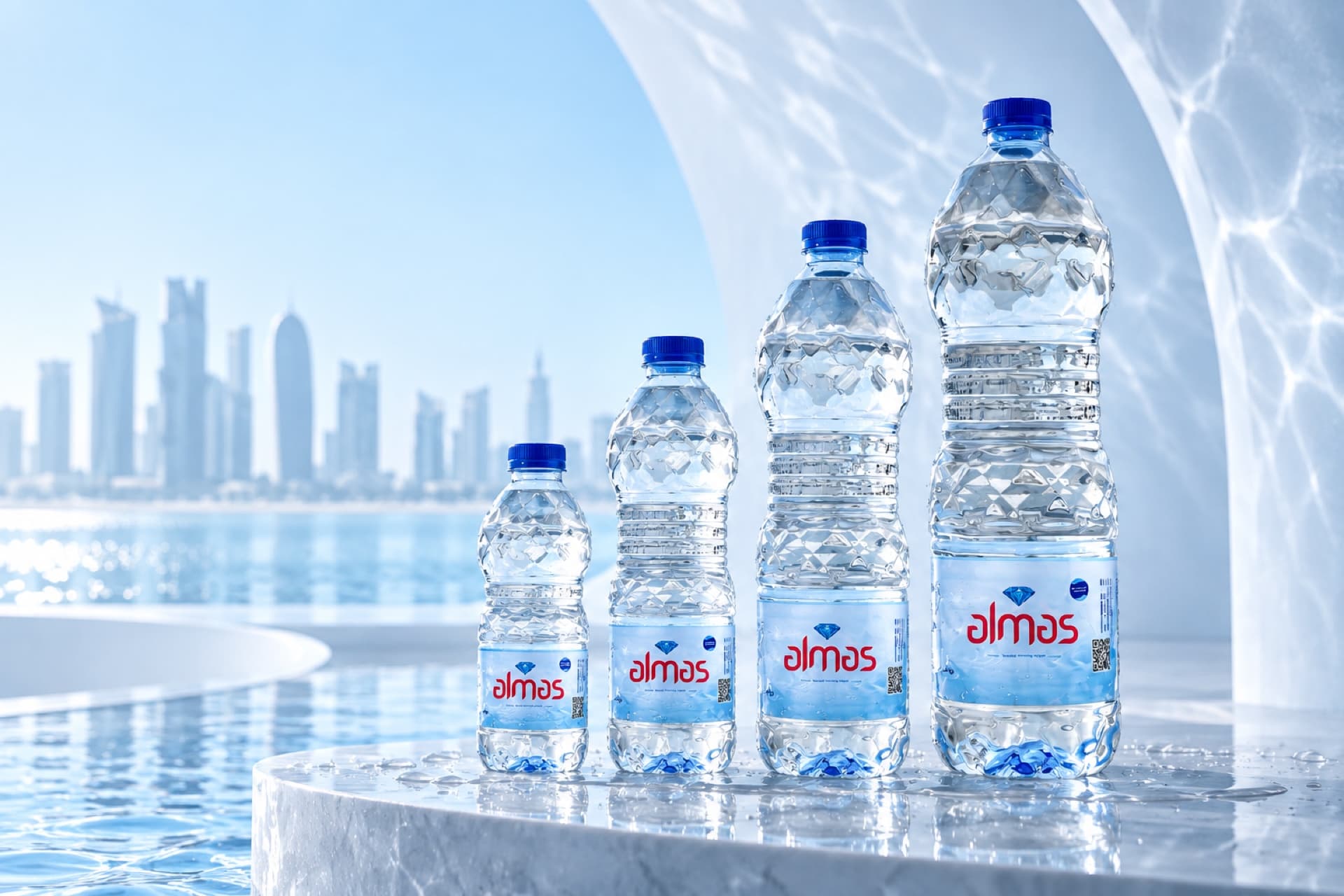 Four Almas PET drinking-water bottle sizes presented in a premium water-inspired setting