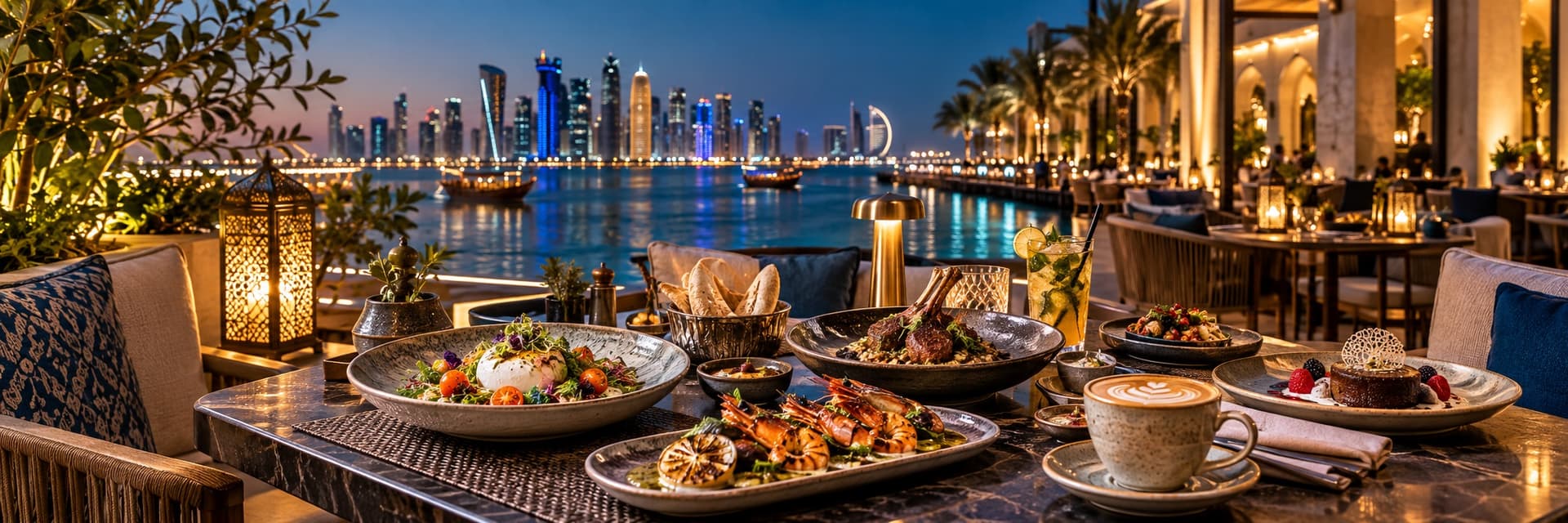Restaurant dining experience with international cuisine in a Qatar-inspired waterfront setting