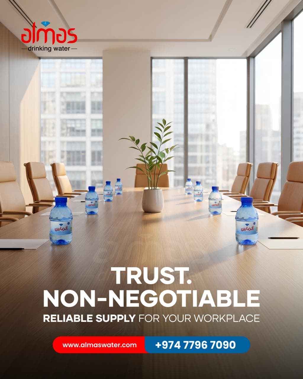 Almas bottled-water supply prepared for a business and hospitality setting in Qatar