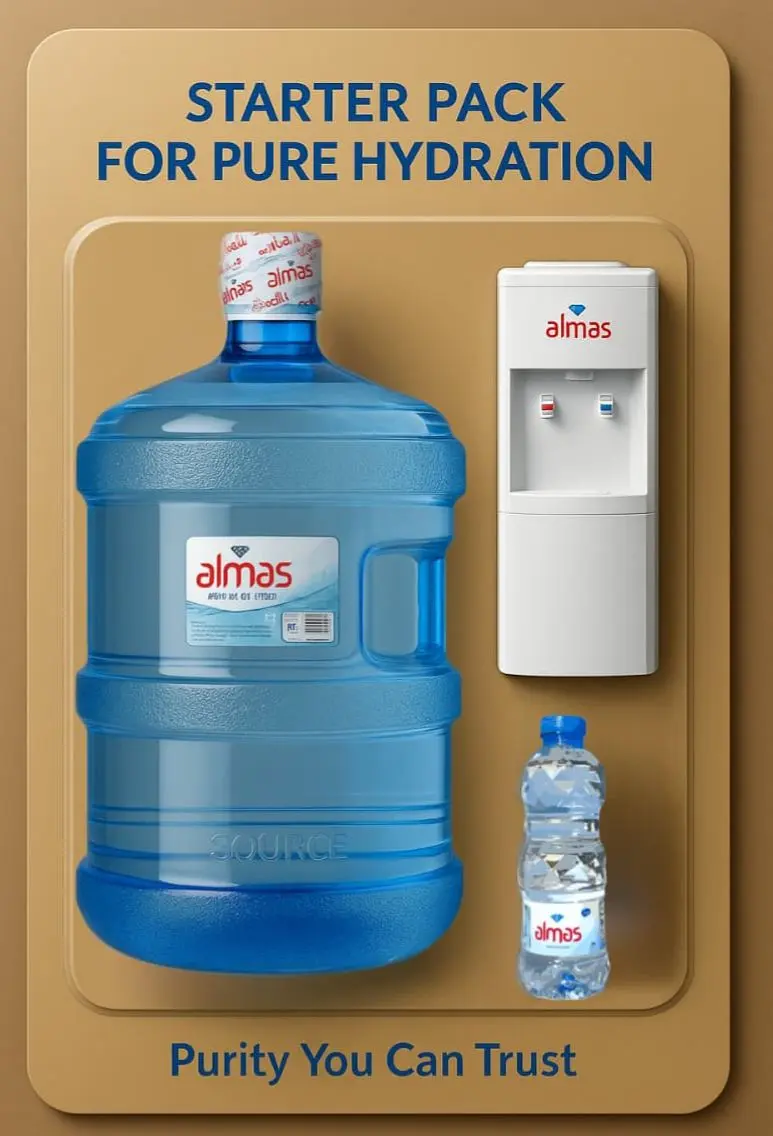 The perfect hydration starter pack is right here with Almas!

Stay refreshed every day with our pure 5-Gallon Bottle, sleek Water Dispenser, and conve