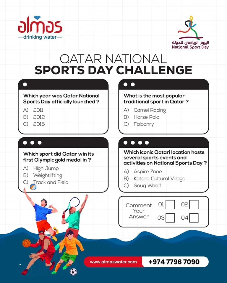 Celebrate Qatar National Sports Day with Almas Water! 

Join Our Sports Day Challenge and WIN an Entire Month of Pure Hydration!
 
How to Participate?