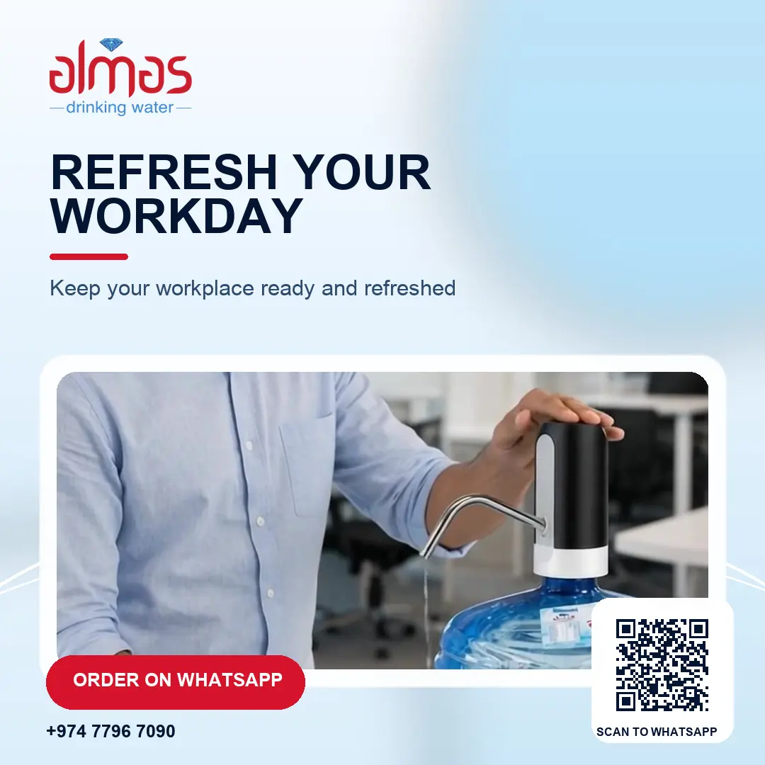 A refreshed workplace starts with water within easy reach. Explore Almas Water solutions for offices across Qatar. Order: https://almaswater.com/ | Wh