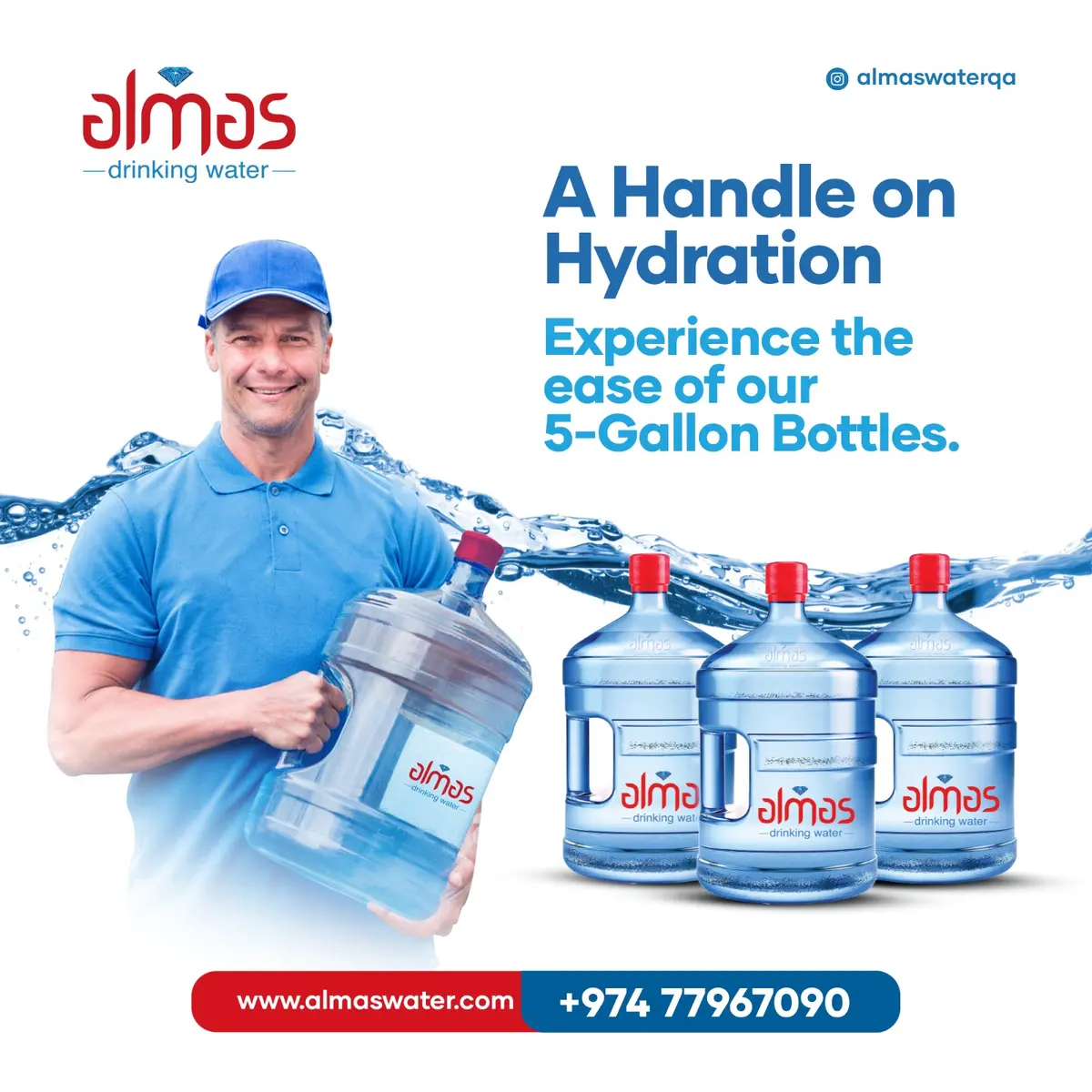 Say goodbye to awkward lifting and spills. Our 5-gallon 
bottle's grab handles provide a secure grip for smooth, stress-free hydration. Book Almas Wat