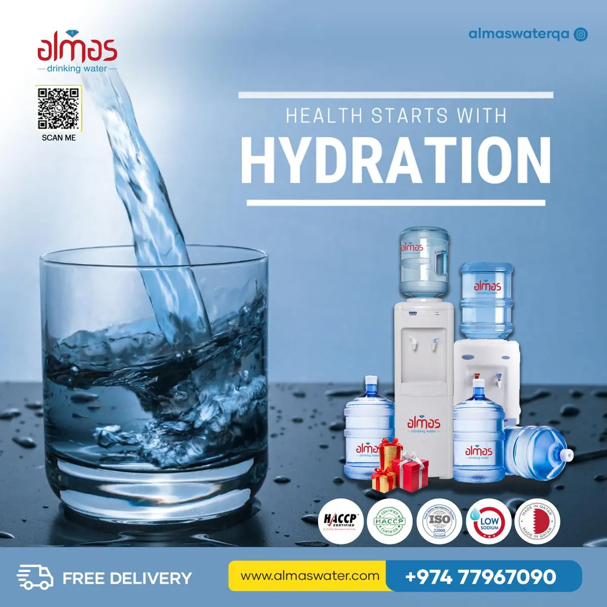 Health starts with hydration. Almas Water is here to keep you refreshed and energized. Order online or call us today for free delivery.
Visit www.alma