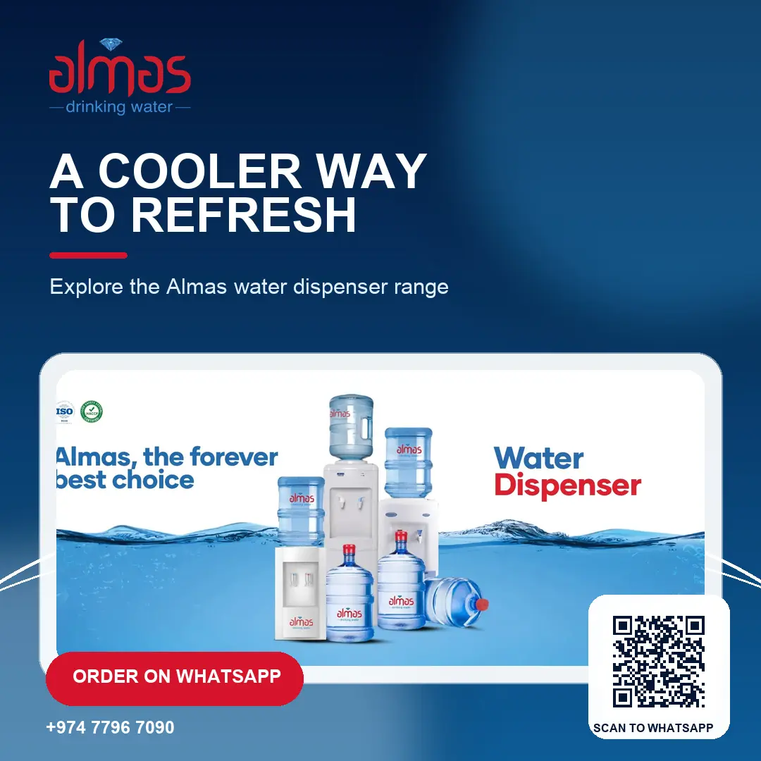 Make water easy to reach at home or work. Explore the Almas dispenser range and order through https://almaswater.com/ or WhatsApp: https://wa.me/97477