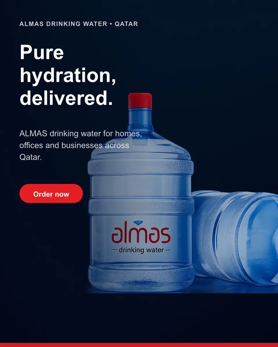 Pure hydration, delivered. ALMAS drinking water for homes, offices and businesses across Qatar. Order now — tap Message on @almaswatercompany or use t