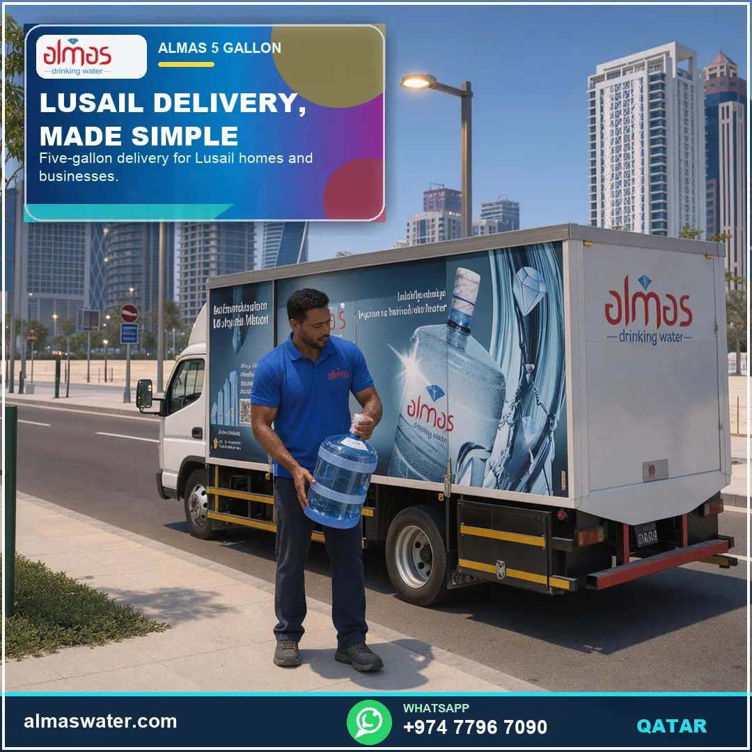 Lusail homes and businesses can arrange Almas five-gallon delivery. Order: https://almaswater.com/ | WhatsApp: https://wa.me/97477967090

#AlmasWater 