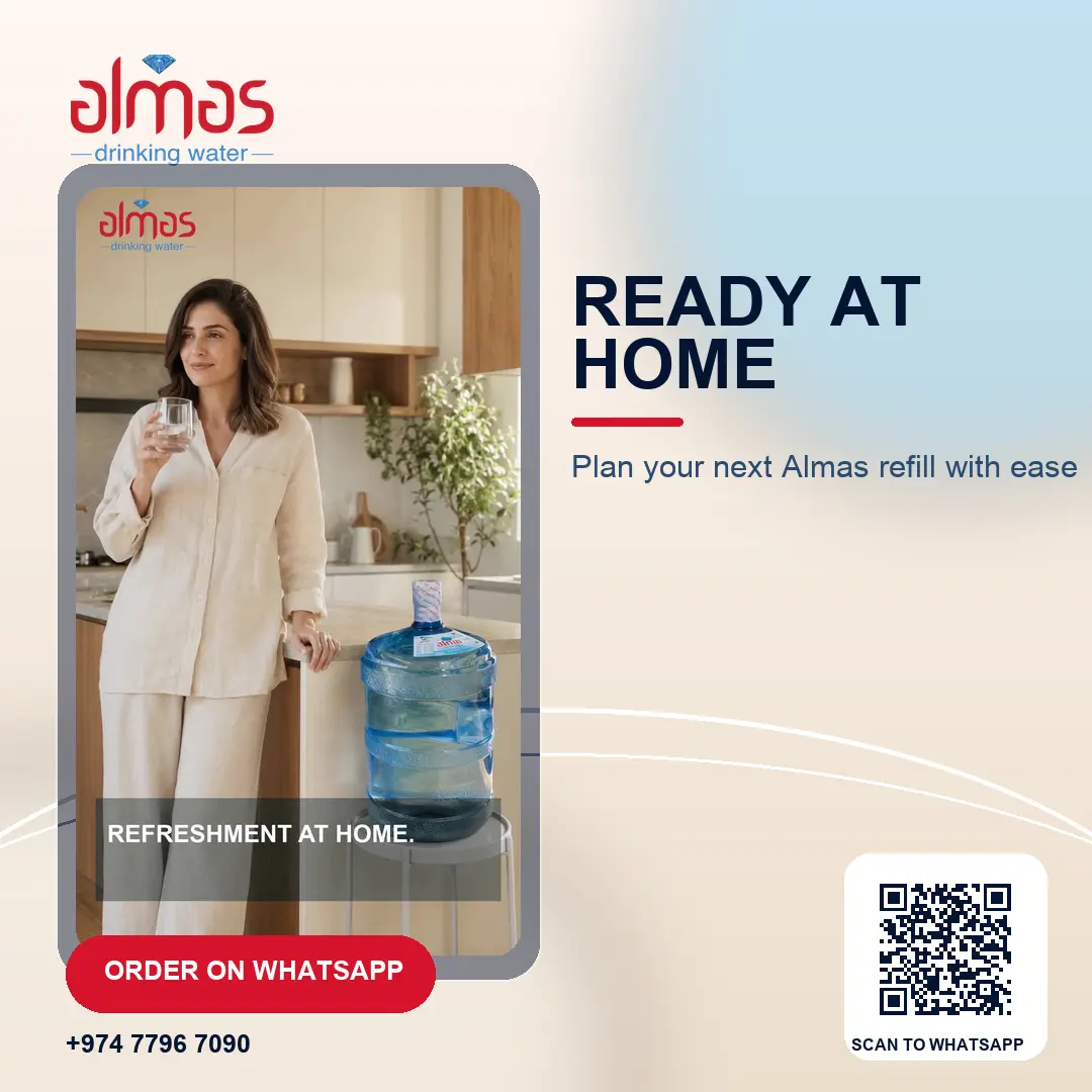 Keep Almas Water ready for every meal, break and family moment. Plan your next home refill: https://almaswater.com/ | WhatsApp: https://wa.me/97477967
