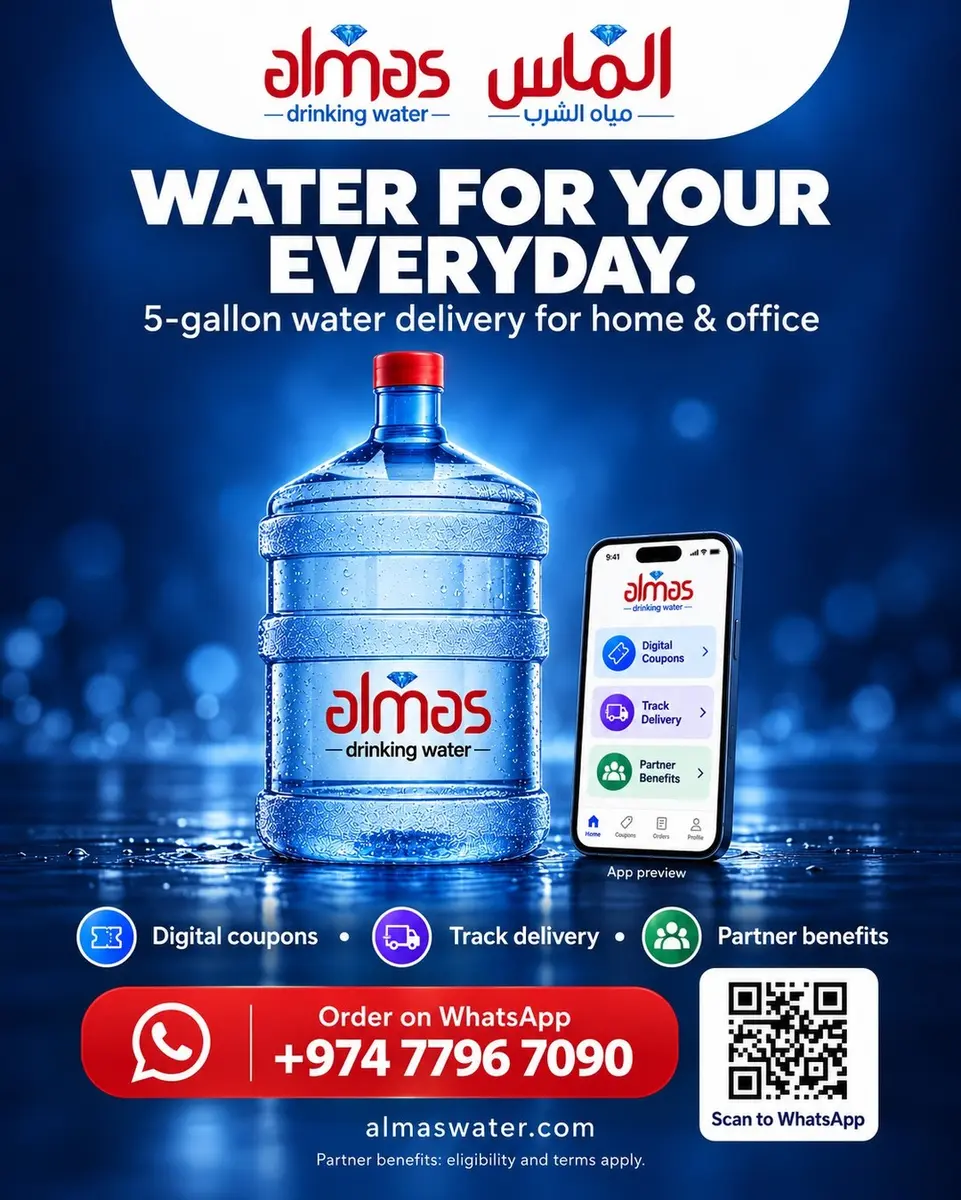 Water for your everyday. 5-gallon water delivery for homes and offices across Qatar. Manage digital coupons, track delivery and access Almas Partner b