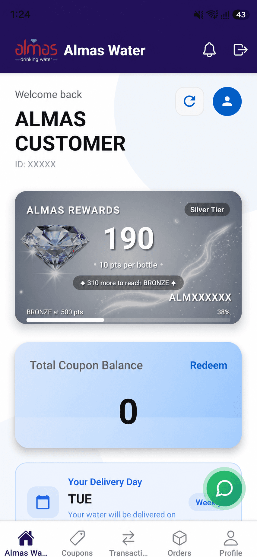 Privacy-safe Almas Customer home screen showing rewards, coupon balance and delivery day