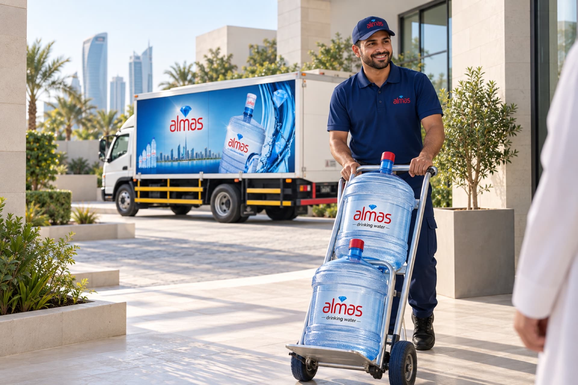 Almas Water delivery professional arriving with reusable 5-gallon bottles in Qatar