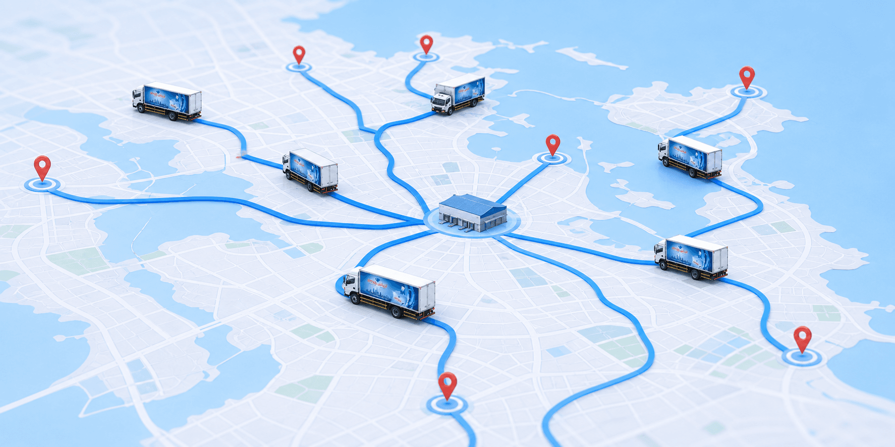 Illustrative Almas Water delivery network with multiple branded trucks on connected routes across Qatar